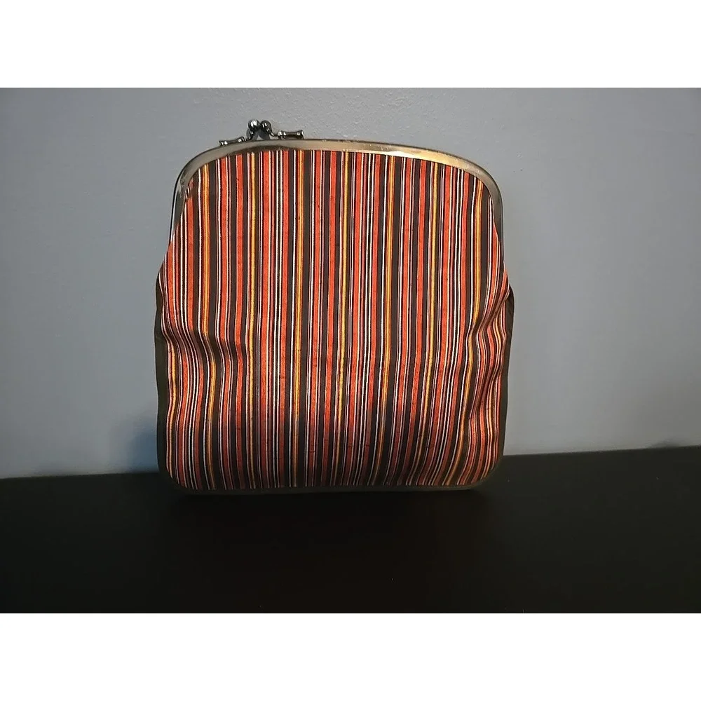 JAPANESE KIMONO VINTAGE CLASP COIN CASE  POUCH TSUMUGI  WOVEN STRIPE KISS‎ LOCK